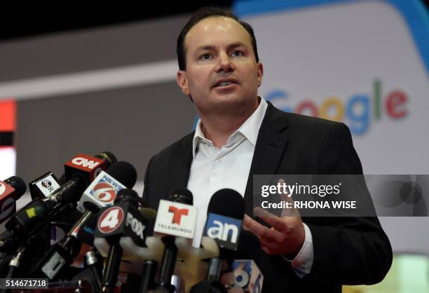 Utah Senator Mike Lee addresses the media to announce his endorsement of Texas Senator Ted Cruz for president as CNN prepares for the Republican...