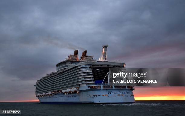 The Harmony of the Seas cruise ship leaves the STX shipyard of Saint-Nazaire, western France, for a three-day offshore test, on March 10, 2016. With...