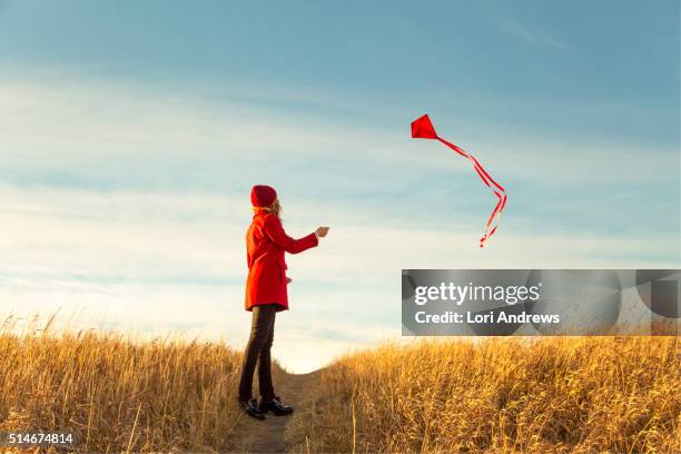 woman flying kite in prairies - alberta prairie stock pictures, royalty-free photos & images