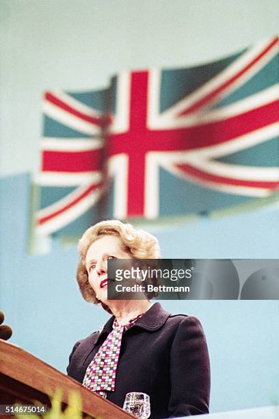 Prime Minister Thatcher gives her closing speech at the Conservative Party Conference following the IRA bombing of a Brighton hotel