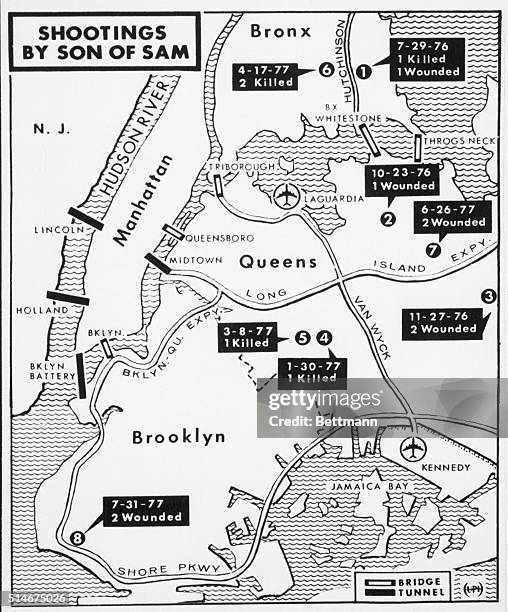 Map of New York City shows the location of the "Son of Sam" murders of 1976 and 1977,