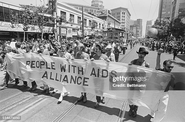 June 26, 1983-"People With Aids," March in gay parade. B/w photograph.