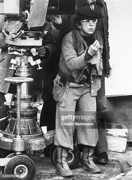 Director Lina Wertmuller gestures on the set of A Night Full of Rain, filmed in Rome and San Francisco.