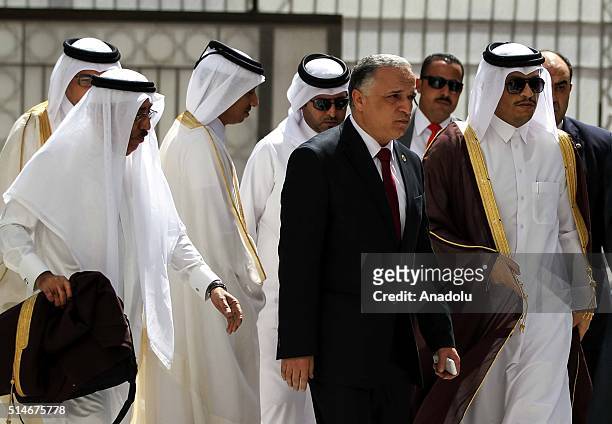Qatar's Foreign Minister Sheikh Mohammed bin Abdulrahman bin Jassim Al-Thani arrives to attend Arab foreign ministers meeting to elect a new...