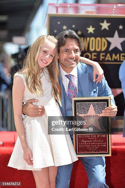 Actress Loreto Peralta helps honor fellow actor Eugenio Derbez as he is honored with a star on The Hollywood Walk of Fame on March 10, 2016 in...