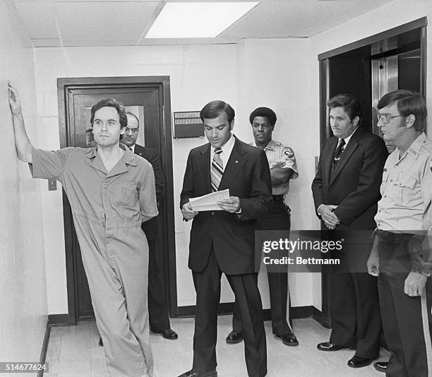 Tallahassee, FL: Suspected murderer Theodore Bundy leans on the Leon County jail wall as an indictment charging him with the murdersof two FSU coeds...