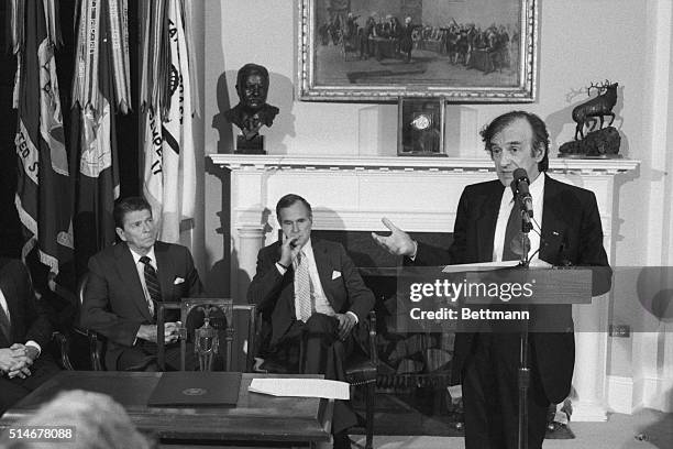 Washington, DC: Elie Wiesel, the literary conscience of the Jewish Holocaust, makes an emotional plea for President Reagan to cancel his proposed...