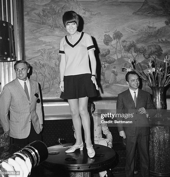Rome, Italy: Madame Miniskirt, England's Mary Quant, wearing mini-dress during her press conference held here 3/9. She arrived here today to...