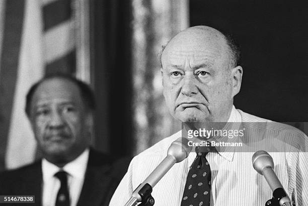 New York City Mayor Ed Koch addresses members of the press, commenting on the suicide of longtime friend and former Queens borough president Donald...