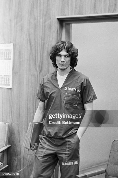 Richard Ramirez, accused of being the serial killer called the "Night Stalker", appears in court wearing prison clothes. He was eventually found...