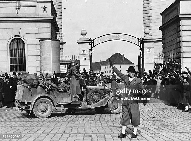 Vienna, Austria: German troops marching in to Vienna to take over the barrocks in the name of Adolf Hitler were greeted by large crowds with the Nazi...