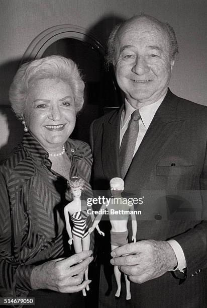 Portrait of Ruth and Elliott Handler, the couple who introduced the Barbie doll in 1959, holding a Barbie and Ken doll. The couple will receive the...