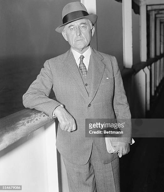 Publisher Conde Nast leans against a railing on September 6, 1935. He has just arrived in New York aboard the S.S. Aquitania.