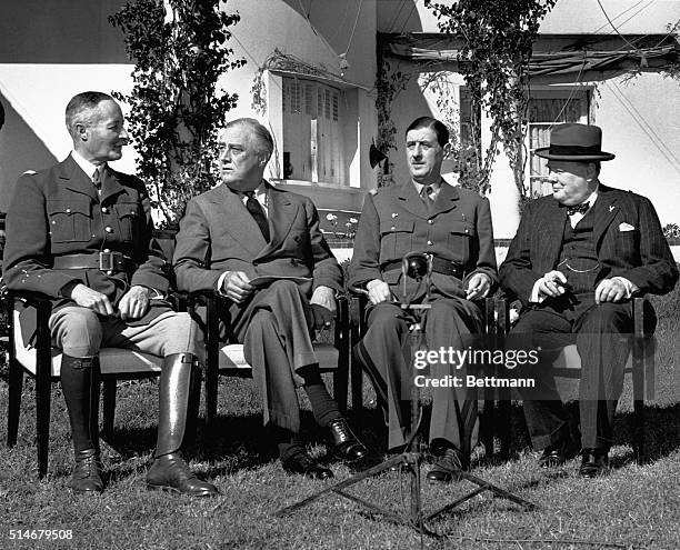General Henri Giraud, Franklin Delano Roosevelt, Charles de Gaulle, and Winston Churchill at the Casablanca Conference.