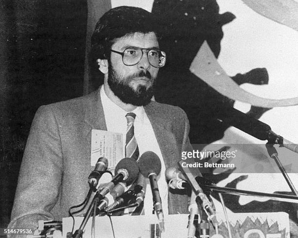 The president of Sinn Fein, Gerry Adams, speaks at their 1984 conference in Dublin. | Location: Mansion House, Dublin, Ireland.
