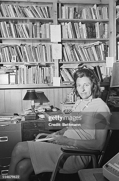 Weston, Mass:Poet Mrs. Anne Sexton, winner of the Pulitzer Prize for her third major book of poems called "Live or Die," talks with friends on phone...