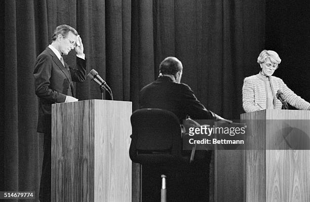 Sander Vancour acts as moderator for the vice-presidential debate between Geraldine Ferraro and George Bush on October 11, 1984.