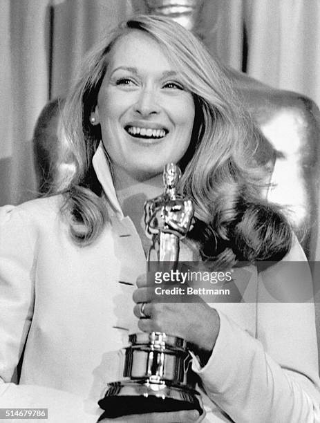 Actress Meryl Streep hugs her Oscar after winning the Best Actress in a Supporting Role for her role in Kramer vs. Kramer, during the 53rd Annual...