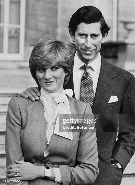 Prince Charles and Lady Diana Spencer pose outside Buckingham Palace following the official announcement of their engagement. Lady Diana has been a...