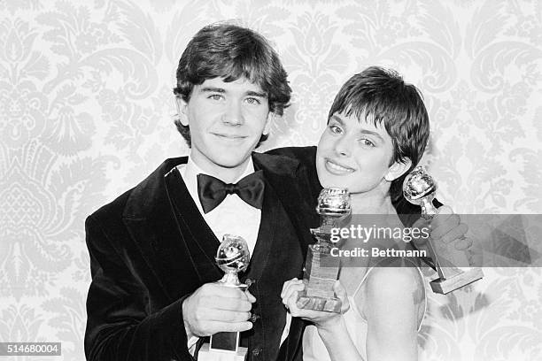 Hollywood, California: Actor Timothy Hutton and actress Nastassia Kinski hold up the Golden Globe Awards they received Jan. 31st from the Hollywood...