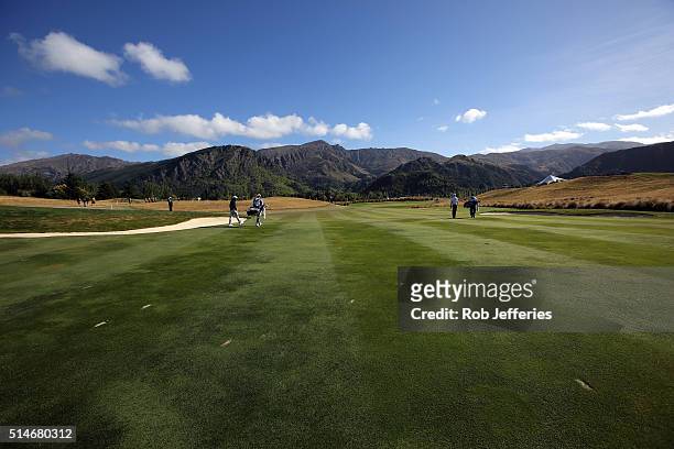 Steven Alkar and Daniel Hillier of New Zealand approach the green on hole No. 3 during day two of the 2016 New Zealand Open at The Hills on March 11,...