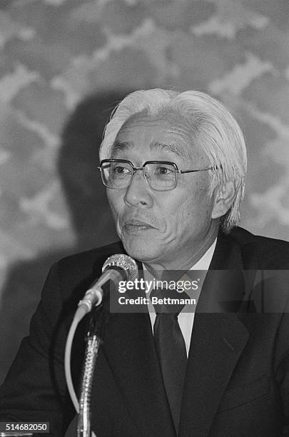 Chairman of the Sony Corporation Akio Morita listens to questions during a 1982 press conference in Tokyo.