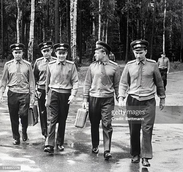 Soviet Cosmonauts Yuri Gagarin, Vladimir Komarov, Andrian Nikolayev, Aleksei Leonov, and Pavel Belyayev in Moscow on March 18, 1965.