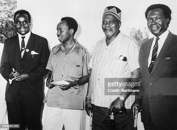 Nairobi, Kenya: Attending a "Big Four" meeting here, October 16, are these African Leaders Dr. Kenneth Kaunda, Northern Rhodesian Premier; President...