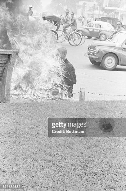 As a protest against the Ngo Dinh Diem government's anti-Buddhist policies, a young Buddhist monk performs a ritual suicide, by self immolation, in...