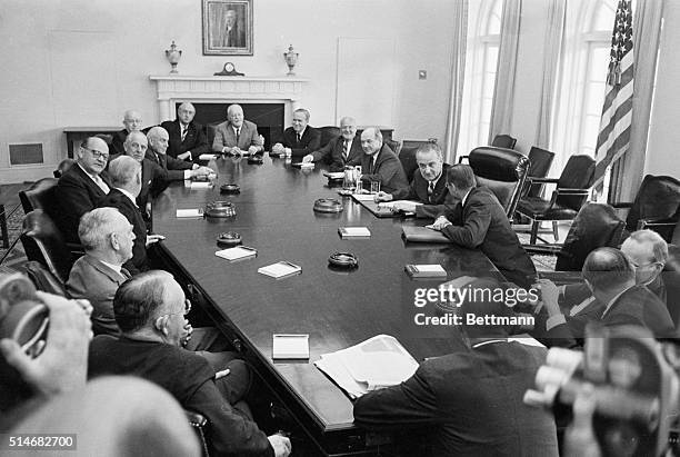 President Johnson meets with members of his Peace Panel on September 23, 1964. The panel is composed of both Democrats and Republicans, who will...