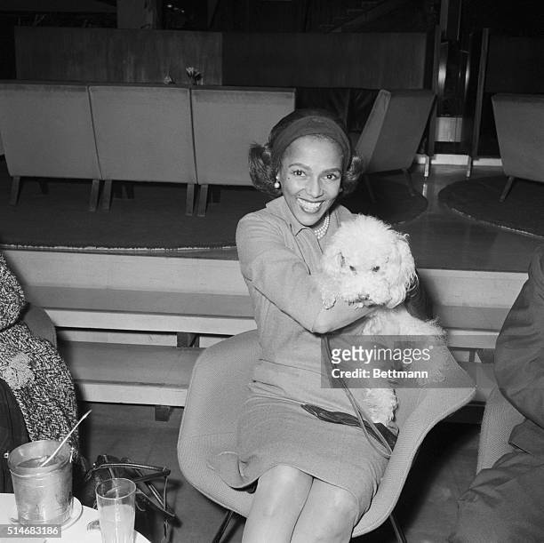 American actress, singer and dancer, Dorothy Dandridge with her dog at Orly Airport, Paris, on January 19, 1962. She will play the role of Empress...