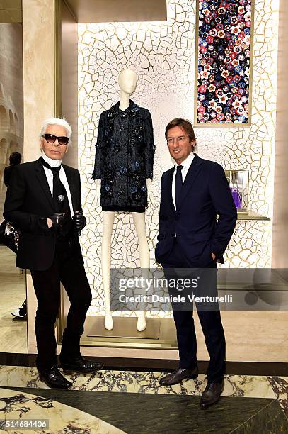 Karl Lagerfeld and Pietro Beccari attends Palazzo FENDI And ZUMA Inauguration on March 10, 2016 in Rome, Italy.