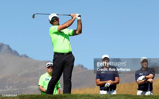 Ricky Ponting of Australia hits a driver on hole No. 3 during day two of the 2016 New Zealand Open at The Hills on March 11, 2016 in Queenstown, New...