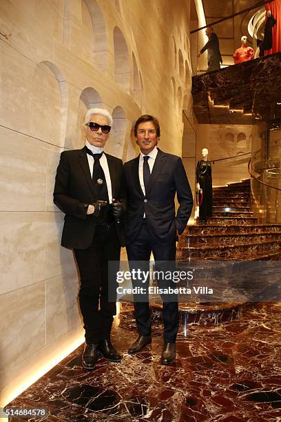 Karl Lagerfeld and Pietro Beccari attends Palazzo FENDI And ZUMA Inauguration on March 10, 2016 in Rome, Italy.