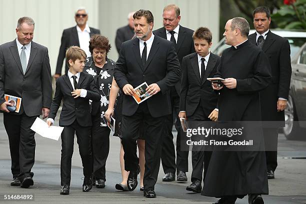 Actor and cousin Russell Crowe and his sons arrive at the funeral service for Martin Crowe on March 11, 2016 in Auckland, New Zealand. Former New...