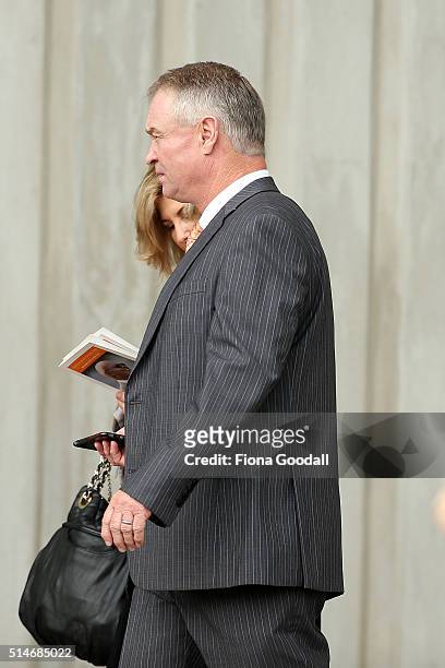 Former All Black Grant Fox arrives at the funeral service for Martin Crowe on March 11, 2016 in Auckland, New Zealand. Former New Zealand cricketer...