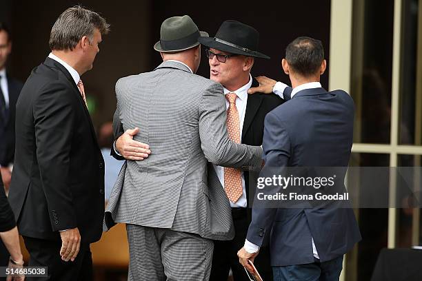 Martin Crowe's brother Jeff Crowe with former Black Caps Dion Nash and Adam Parore and arrives at the funeral service for Martin Crowe on March 11,...