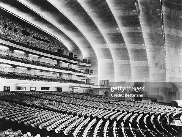 New York, NY: A view of "Roxy's" 6,200-seat Radio City Music Hall in New York showing the orchestra floor almost a half a block in length, three...