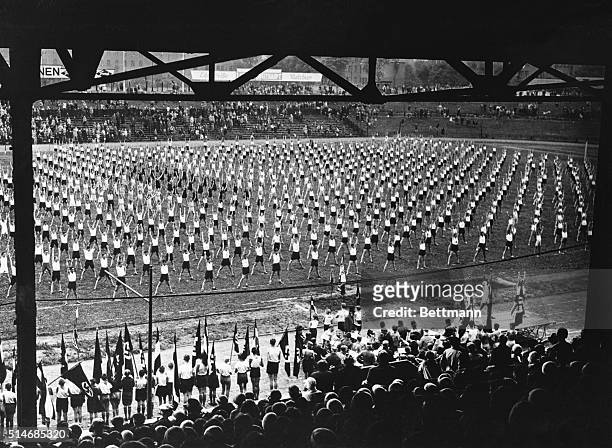 Young people exercise on Youth Day in Berlin, as per a Nazi government directive. June 24, 1933.