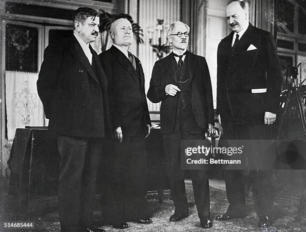 Foreign Minister Pierre Laval of France, Prime Minister Benito Mussolini of Italy, and Prime Minister Ramsay MacDonald of Great Britain at the Stresa...