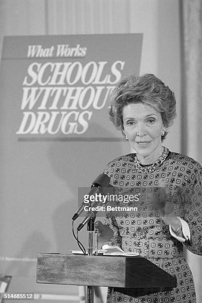 First Lady Nancy Reagan speaks at an anti-drug conference at the White House.
