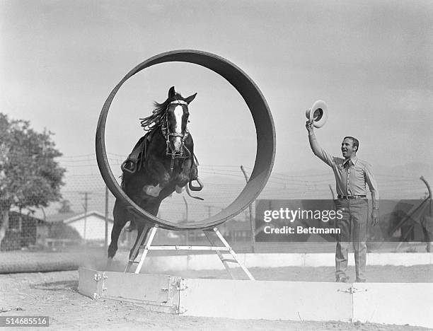 Gene Autry, star of westerns, watches his horse, Champion, jump through a hoop on his ranch. Autry performs his own stunts with Champion, and...