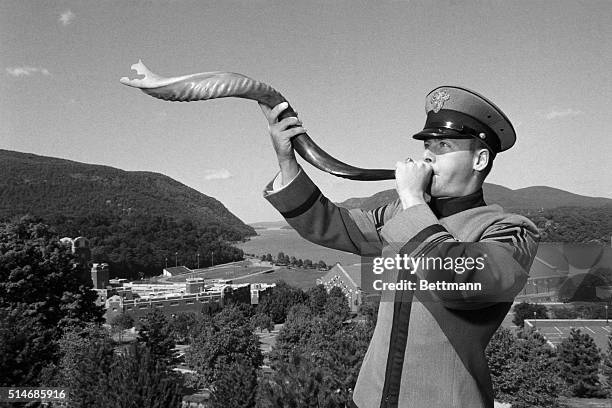 Lieutenant Cadet Marc Moyer practices trumpeting in the Jewish New Year using an ancient instrument called a shofar. A member of West Point's Jewish...