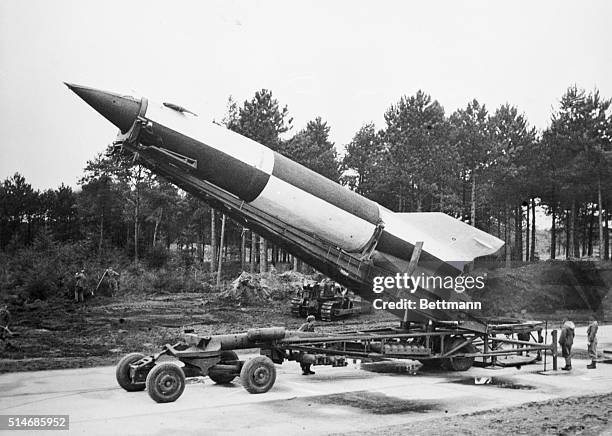 Cuxhaven, Germany: British scientific experts are now experimenting with the V-2 rocket at Cuxhaven in an effort to find out exactly how it works....