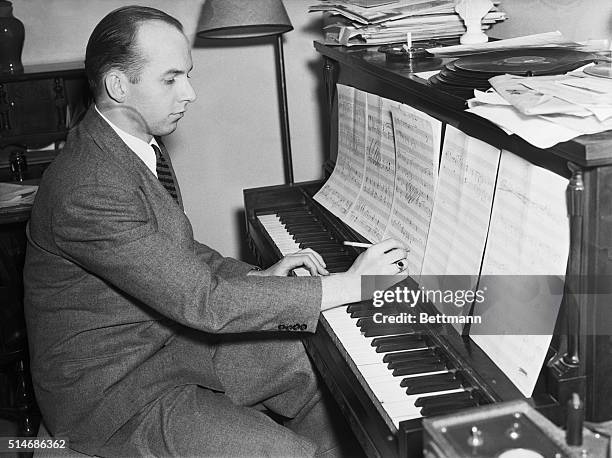 Jimmy Van Heusen of Syracuse, NY, songwriter and composer, who is writing the musical score of the screen version of "A Midsummer Night's Dream"...