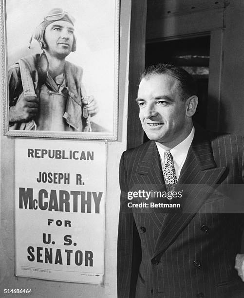 Appleton, Wisconsin: Circuit Judge Joseph R. McCarthy, 37-year-old Appleton former Marine captain, smiles happily after defeating Sen. Robert...