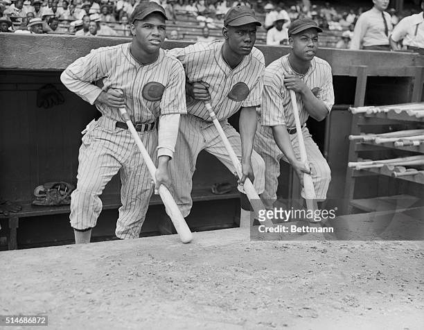 First baseman Art Pennington , left fielder Herman Andrews and third baseman Alex Radcliffe of the Negro League's Chicago Giants watch the game as...