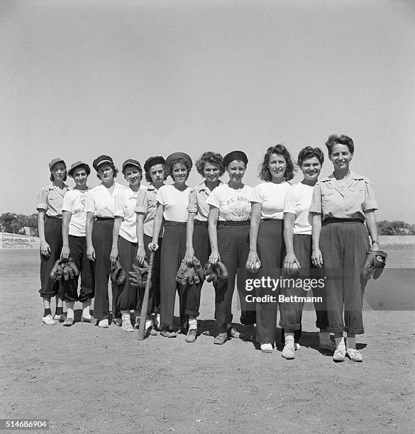Here is the softball team of one of the General Hospitals. Left to right: Lt. Lydia Duewell, Lt. Eleanor Kelly, Lt. Helen Maag, Lt. Ann Kelly, Lt....