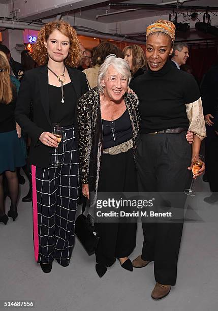 Jessie Buckley, Lady Susie Sainsbury and Noma Dumezweni attend the Soho Theatre Gala 2016 at The Vinyl Factory on March 10, 2016 in London, England.