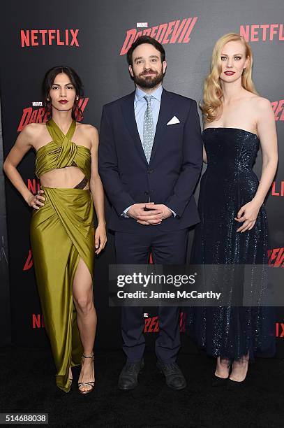 Actors Elodie Yung, Charlie Cox, and Deborah Ann Woll attend the "Daredevil" Season 2 Premiere at AMC Loews Lincoln Square 13 theater on March 10,...